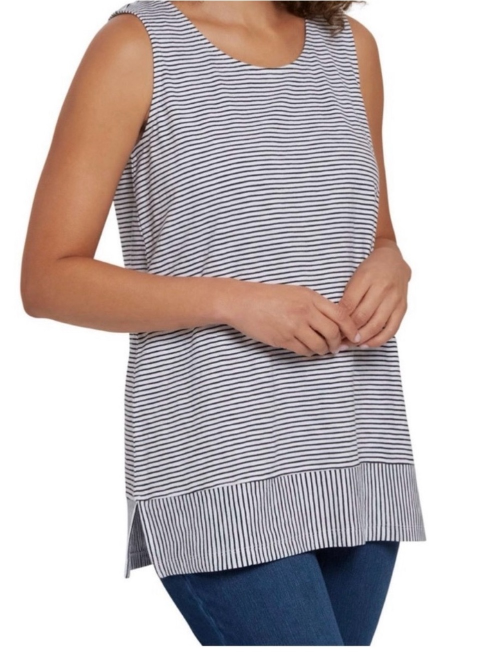 Land's End Striped Sleeveless Tank Top - White/Black - Medium 100% Cotton